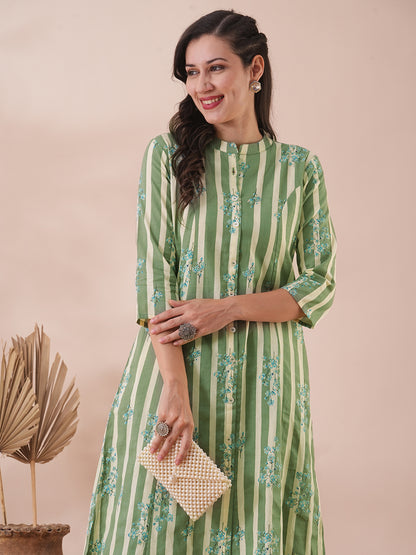 Floral & Stripes Printed A-Line Cotton Flax Kurta with Pant - Green