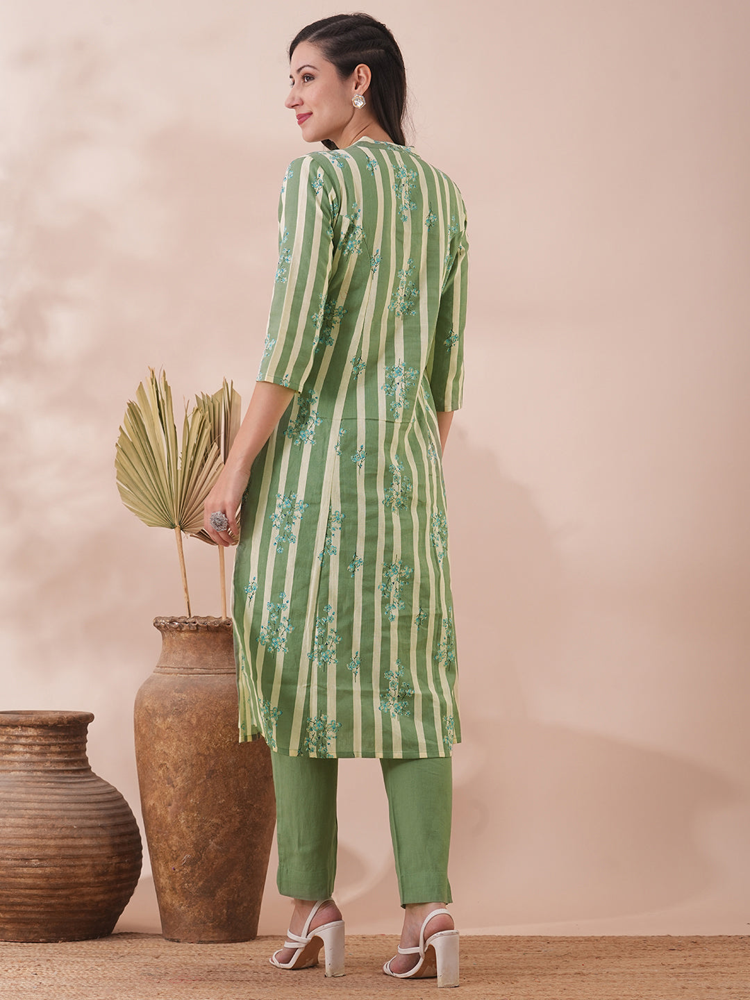 Floral & Stripes Printed A-Line Cotton Flax Kurta with Pant - Green