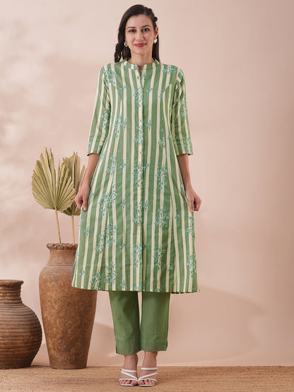 Floral & Stripes Printed A-Line Cotton Flax Kurta with Pant - Green