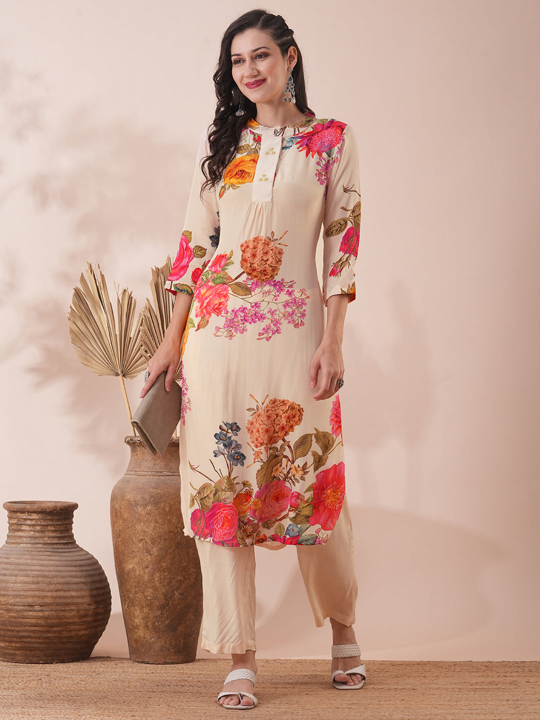 Abstract Floral Printed Straight Fit Kurta with Palazzo - Cream