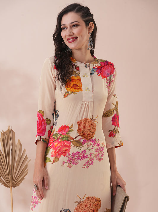 Abstract Floral Printed Straight Fit Kurta with Palazzo - Cream