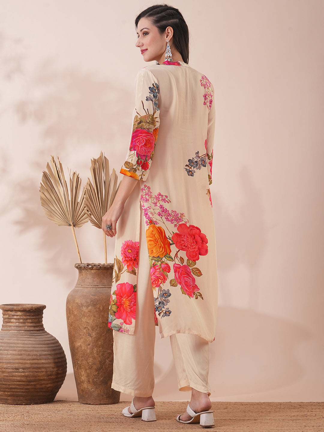 Abstract Floral Printed Straight Fit Kurta with Palazzo - Cream