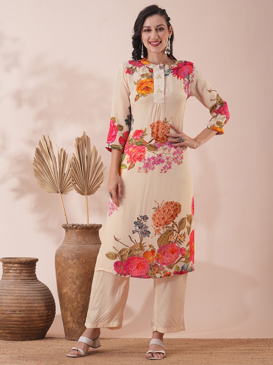 Abstract Floral Printed Straight Fit Kurta with Palazzo - Cream