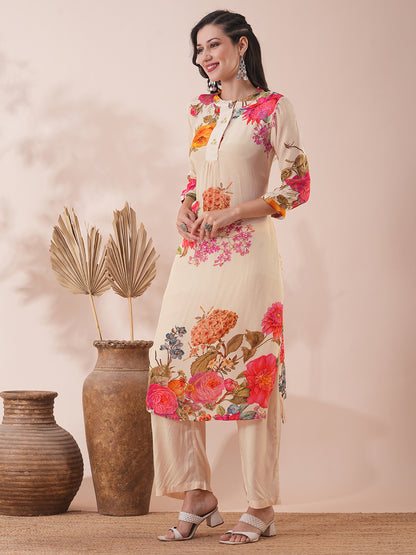 Abstract Floral Printed Straight Fit Kurta with Palazzo - Cream