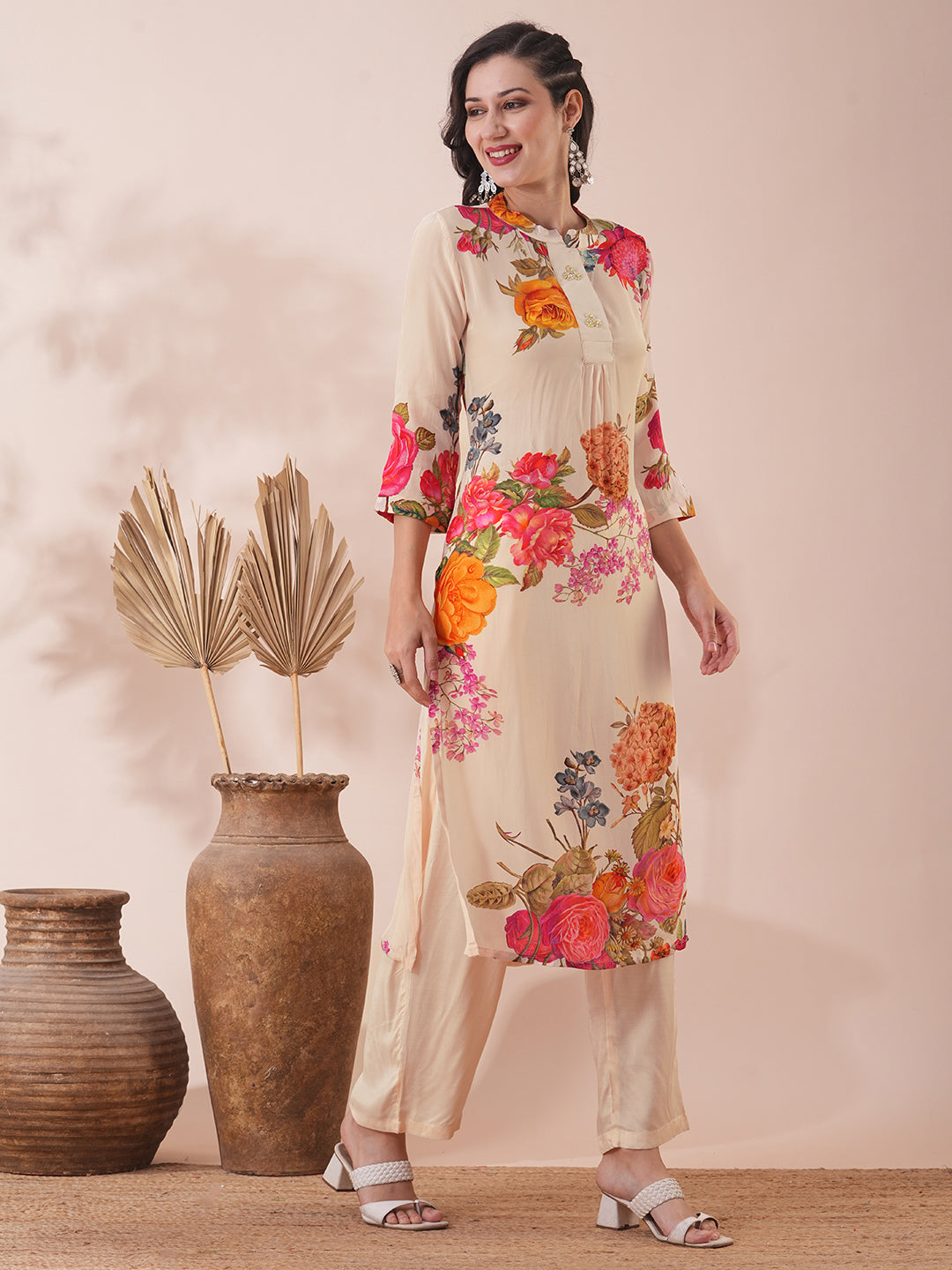 Abstract Floral Printed Straight Fit Kurta with Palazzo - Cream