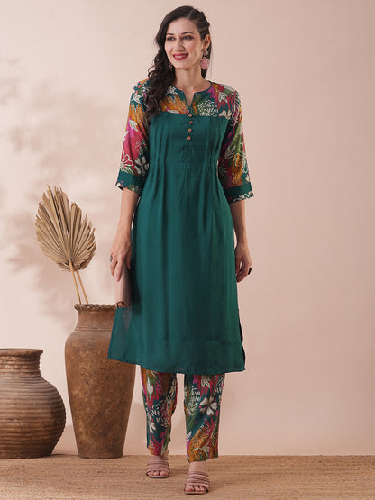 Solid Ethnic Floral Printed & Sequined Straight Fit Kurta with Palazzo - Sea Green