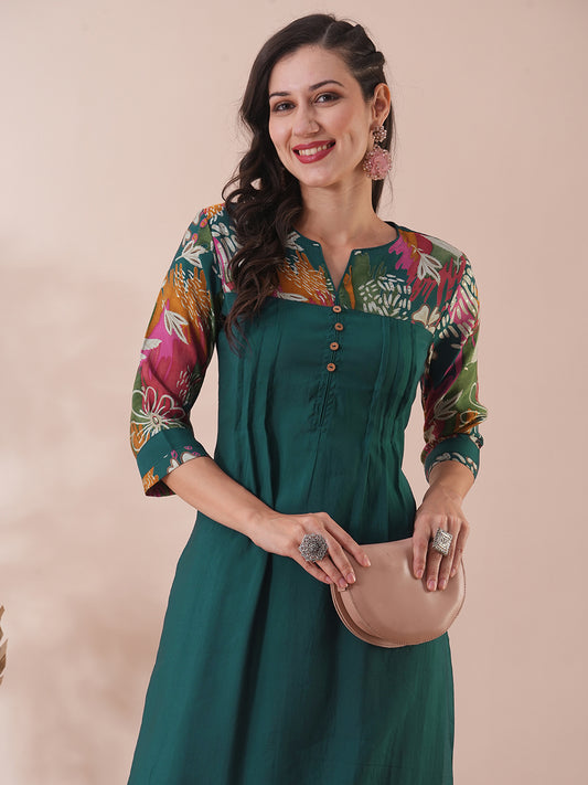 Solid Ethnic Floral Printed & Sequined Straight Fit Kurta with Palazzo - Sea Green