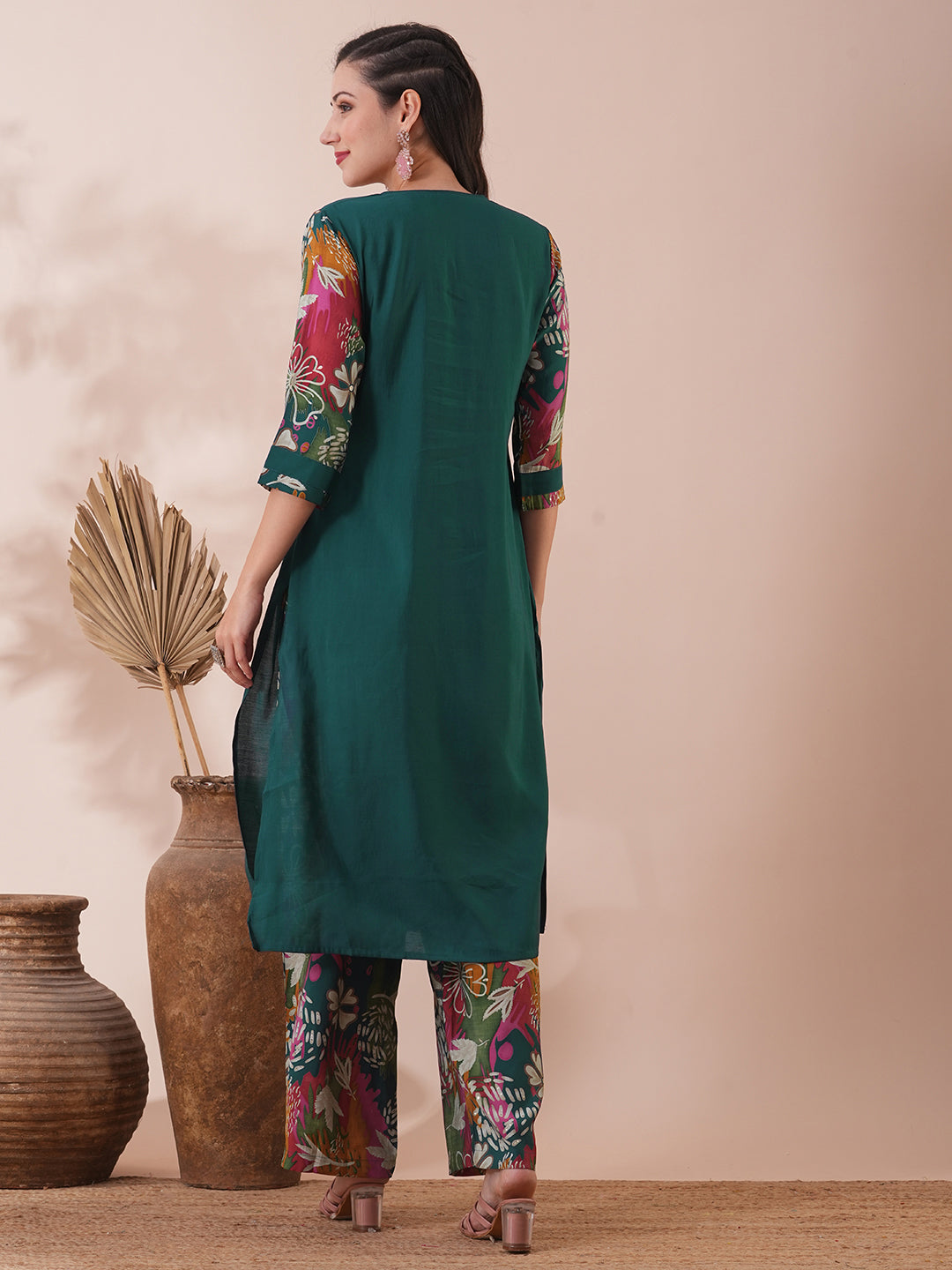 Solid Ethnic Floral Printed & Sequined Straight Fit Kurta with Palazzo - Sea Green