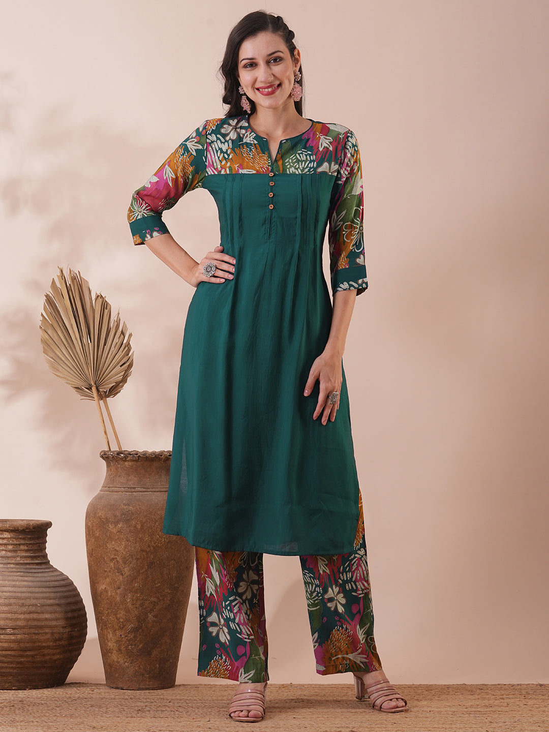 Solid Ethnic Floral Printed & Sequined Straight Fit Kurta with Palazzo - Sea Green