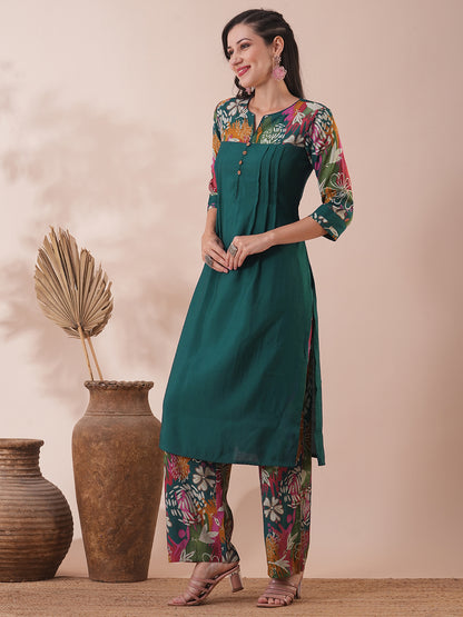 Solid Ethnic Floral Printed & Sequined Straight Fit Kurta with Palazzo - Sea Green