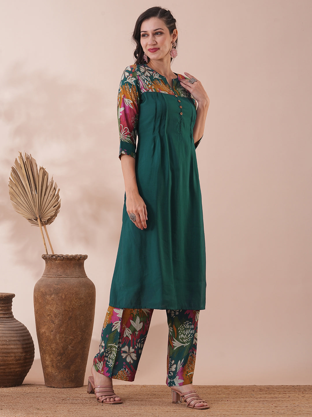 Solid Ethnic Floral Printed & Sequined Straight Fit Kurta with Palazzo - Sea Green