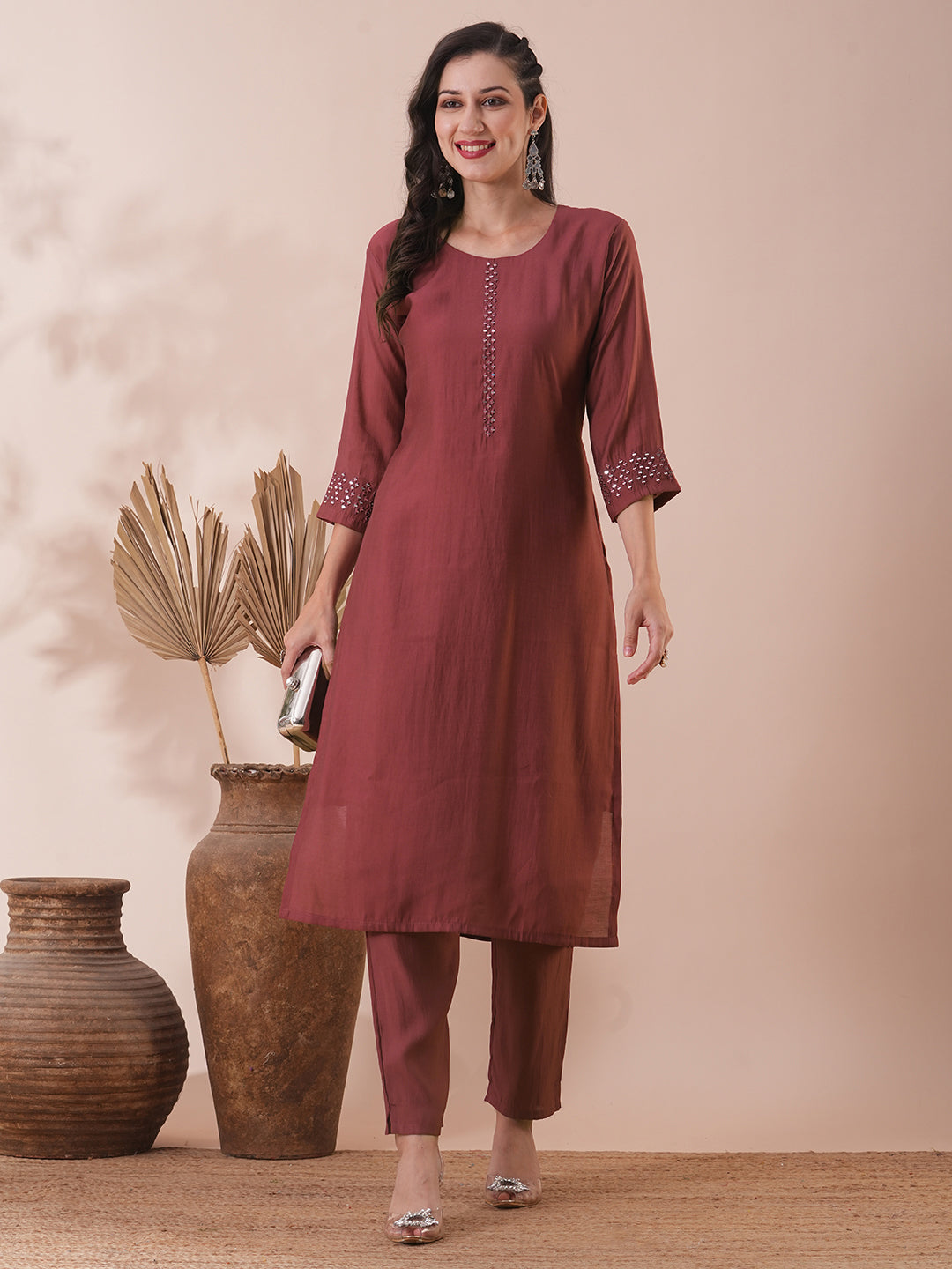 Solid Mirror Embroidered Straight Fit Kurta with Pant - Rose Gold