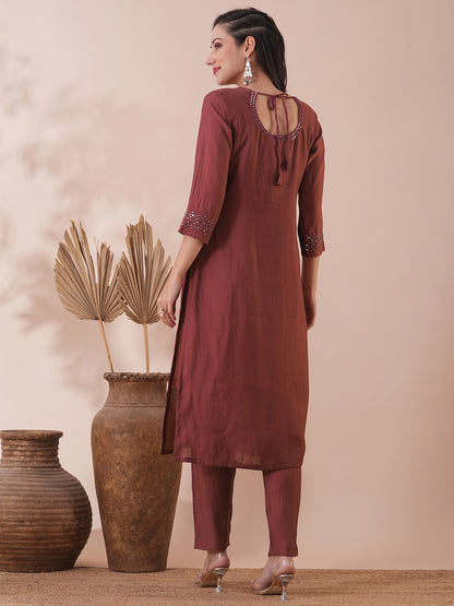 Solid Mirror Embroidered Straight Fit Kurta with Pant - Rose Gold