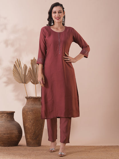 Solid Mirror Embroidered Straight Fit Kurta with Pant - Rose Gold