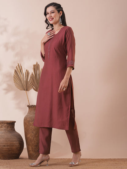 Solid Mirror Embroidered Straight Fit Kurta with Pant - Rose Gold