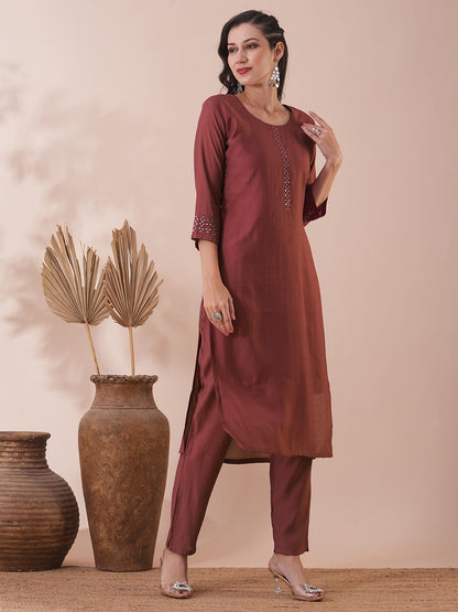 Solid Mirror Embroidered Straight Fit Kurta with Pant - Rose Gold