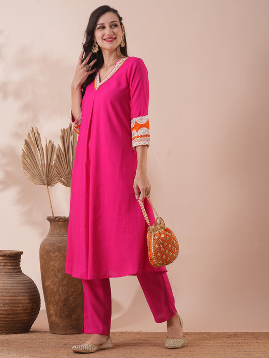 Solid Ethnic Embroidered Straight Fit Kurta with Pant - Pink