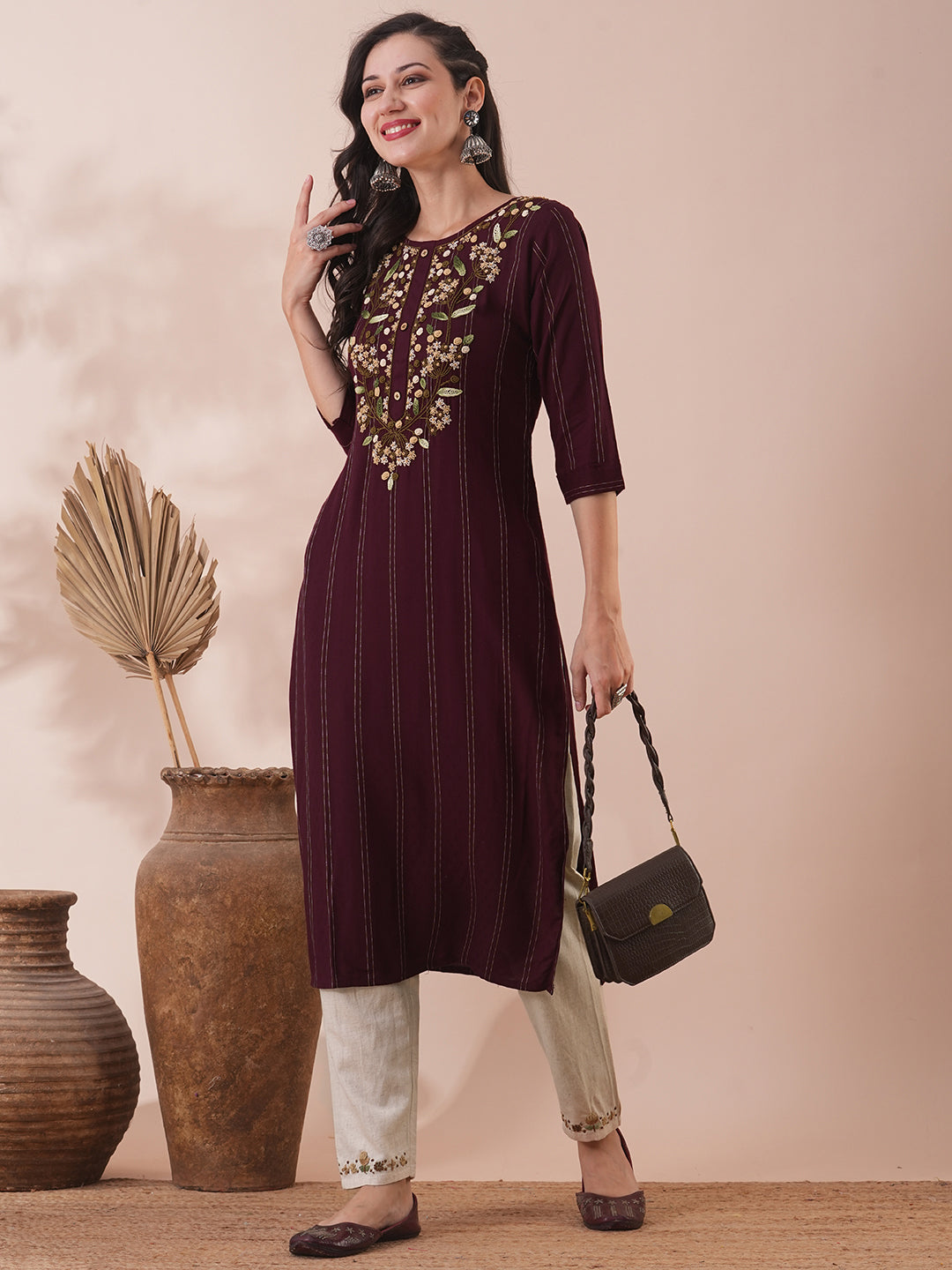 Solid Floral Hand Embroidered Straight Fit Kurta with Pant - Burgundy