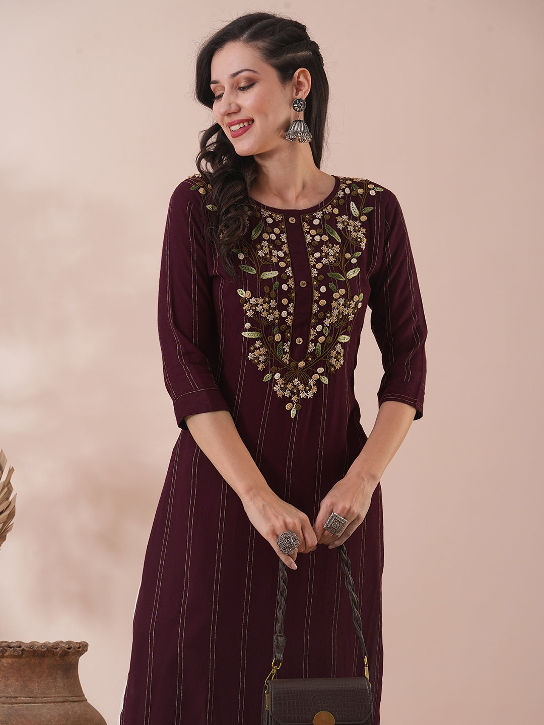 Solid Floral Hand Embroidered Straight Fit Kurta with Pant - Burgundy