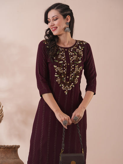 Solid Floral Hand Embroidered Straight Fit Kurta with Pant - Burgundy