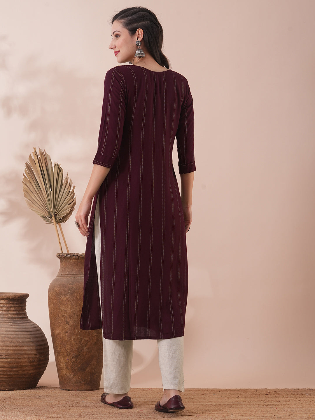 Solid Floral Hand Embroidered Straight Fit Kurta with Pant - Burgundy