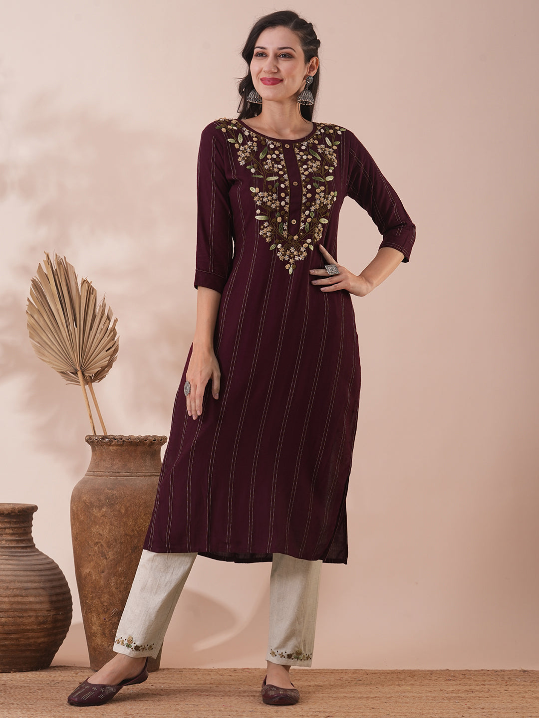 Solid Floral Hand Embroidered Straight Fit Kurta with Pant - Burgundy