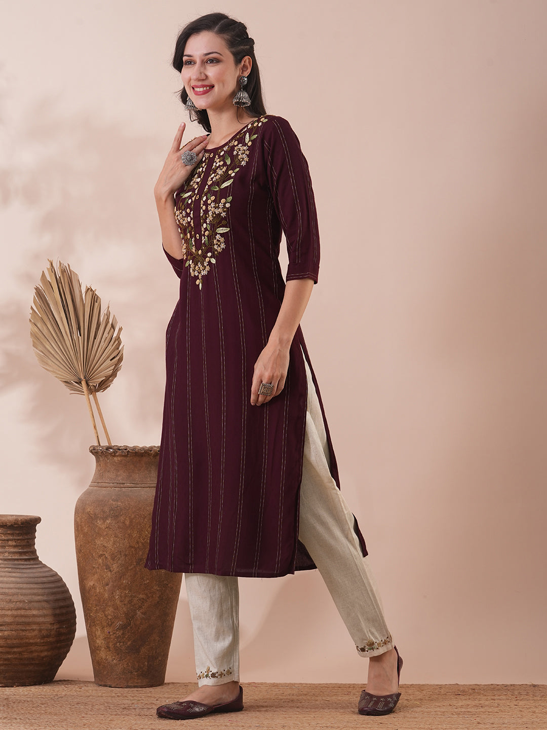 Solid Floral Hand Embroidered Straight Fit Kurta with Pant - Burgundy