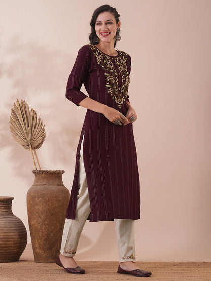 Solid Floral Hand Embroidered Straight Fit Kurta with Pant - Burgundy