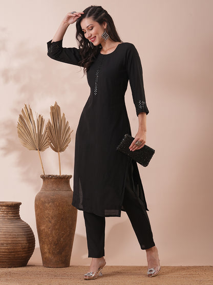 Solid Mirror Embroidered Straight Fit Kurta with Pant - Black