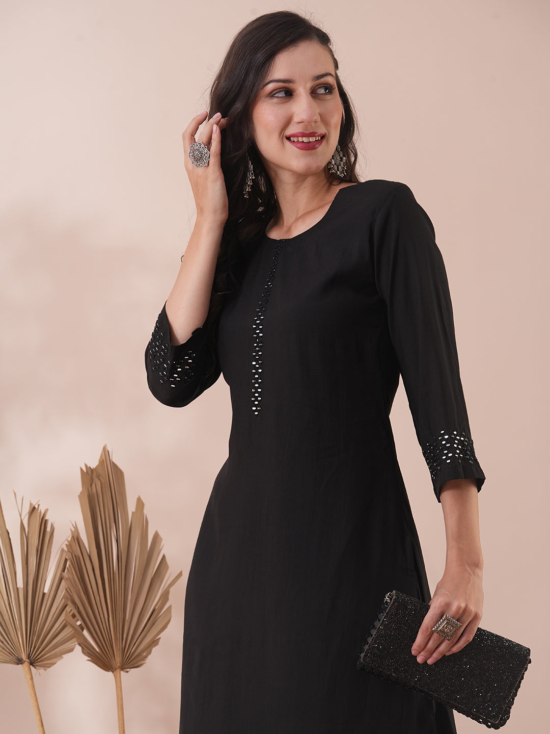 Solid Mirror Embroidered Straight Fit Kurta with Pant - Black