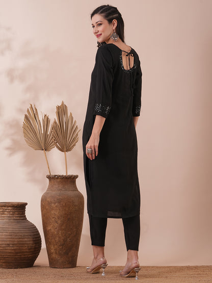 Solid Mirror Embroidered Straight Fit Kurta with Pant - Black