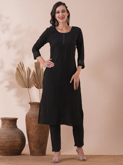 Solid Mirror Embroidered Straight Fit Kurta with Pant - Black