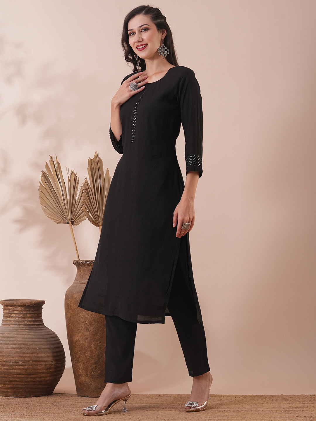 Solid Mirror Embroidered Straight Fit Kurta with Pant - Black