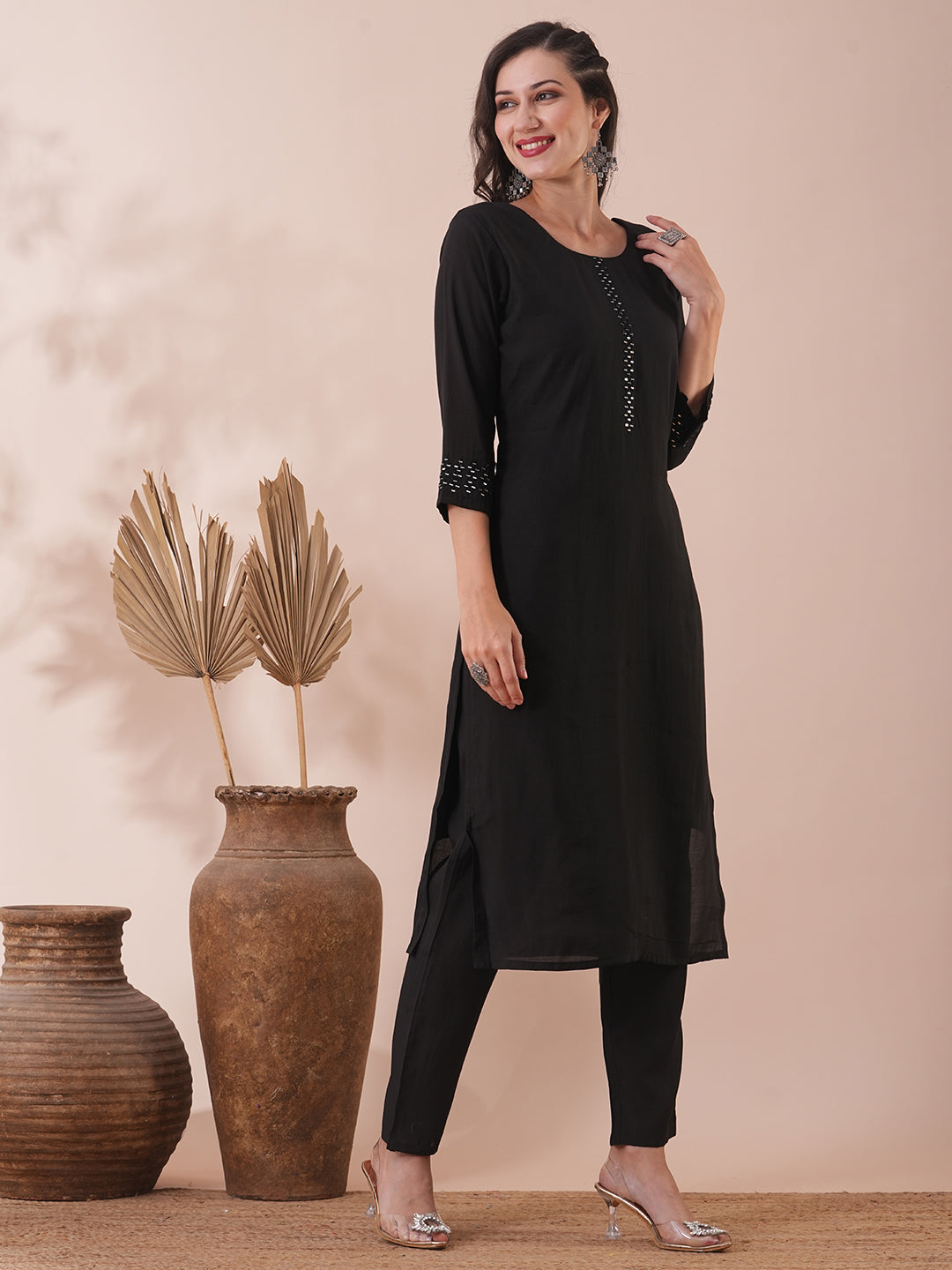 Solid Mirror Embroidered Straight Fit Kurta with Pant - Black