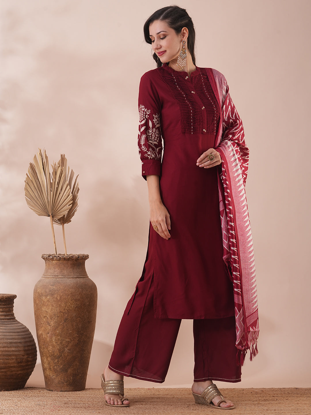 Solid Floral Embroidered Straight Fit Kurta with Pant & Dupatta - Maroon