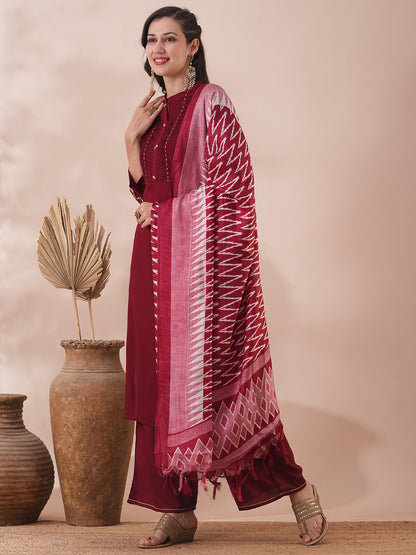 Solid Floral Embroidered Straight Fit Kurta with Pant & Dupatta - Maroon