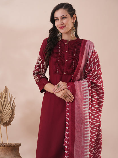 Solid Floral Embroidered Straight Fit Kurta with Pant & Dupatta - Maroon