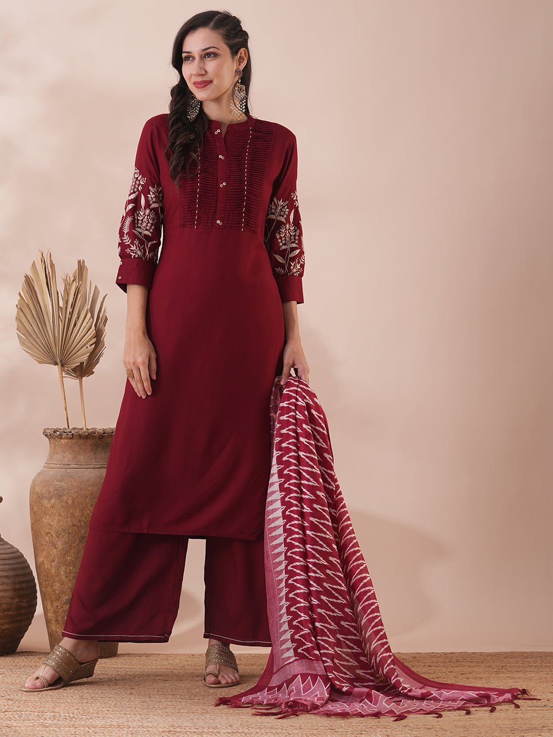 Solid Floral Embroidered Straight Fit Kurta with Pant & Dupatta - Maroon