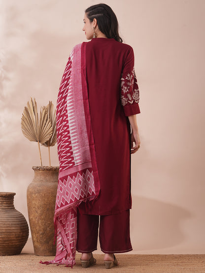 Solid Floral Embroidered Straight Fit Kurta with Pant & Dupatta - Maroon