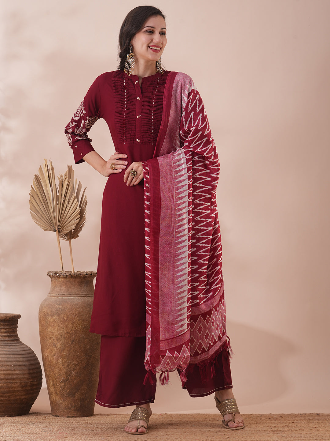 Solid Floral Embroidered Straight Fit Kurta with Pant & Dupatta - Maroon