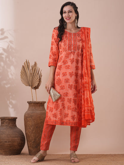 Ethnic Floral Printed & Embroidered Straight Fit Kurta with Pant & Dupatta - Orange