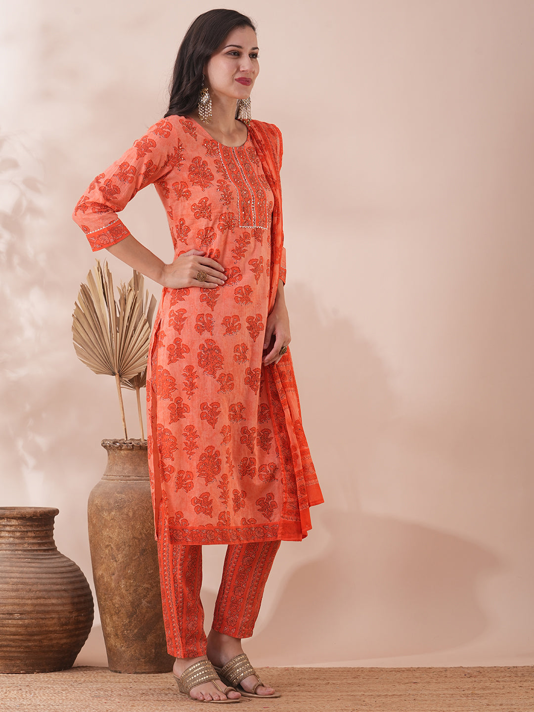 Ethnic Floral Printed & Embroidered Straight Fit Kurta with Pant & Dupatta - Orange