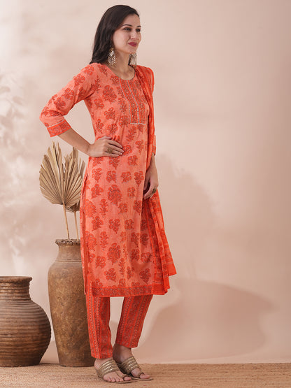 Ethnic Floral Printed & Embroidered Straight Fit Kurta with Pant & Dupatta - Orange