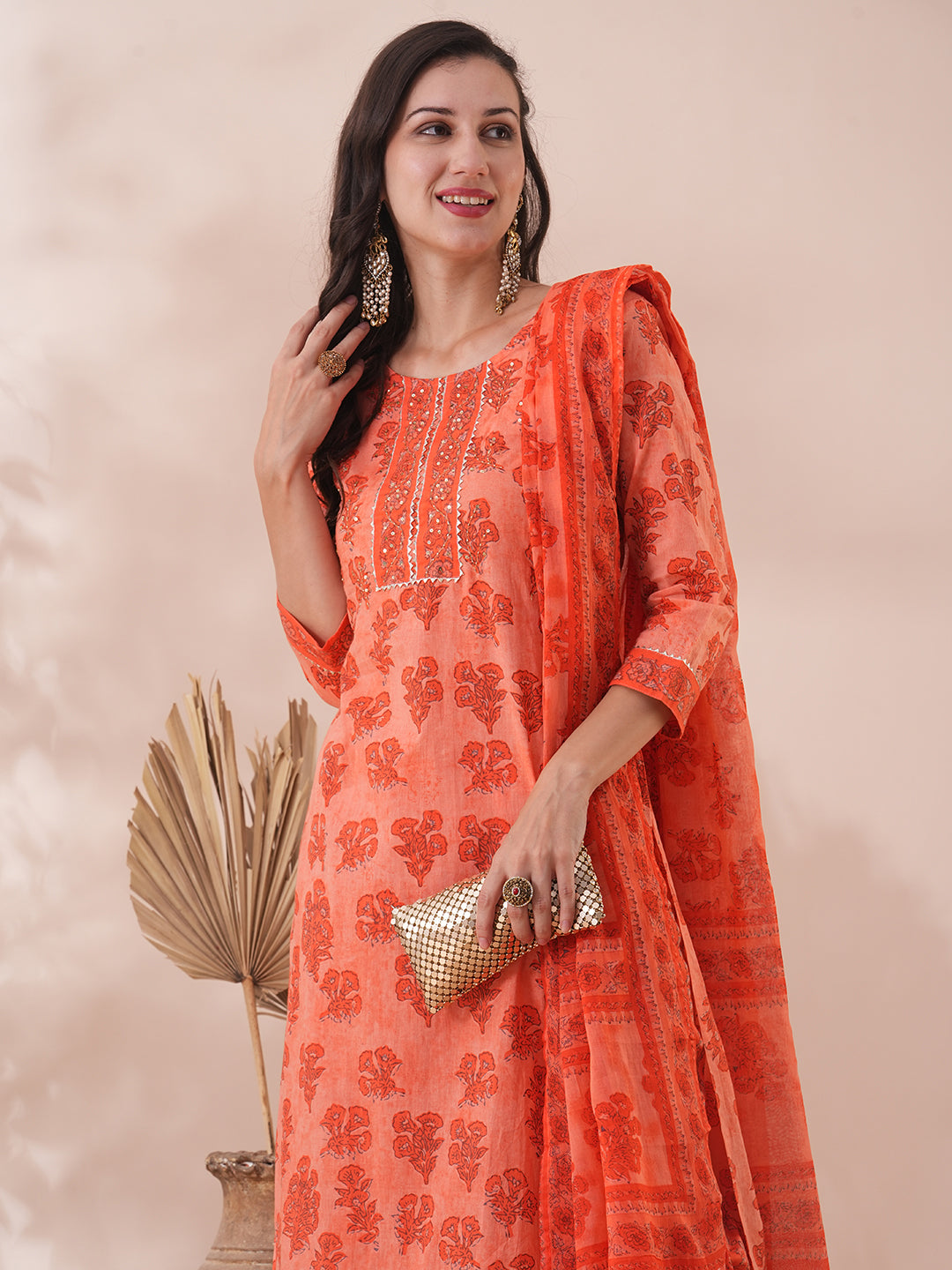 Ethnic Floral Printed & Embroidered Straight Fit Kurta with Pant & Dupatta - Orange