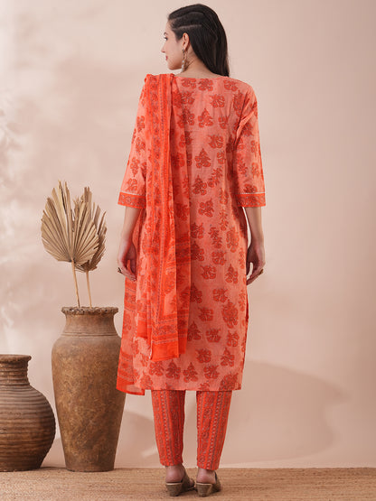 Ethnic Floral Printed & Embroidered Straight Fit Kurta with Pant & Dupatta - Orange