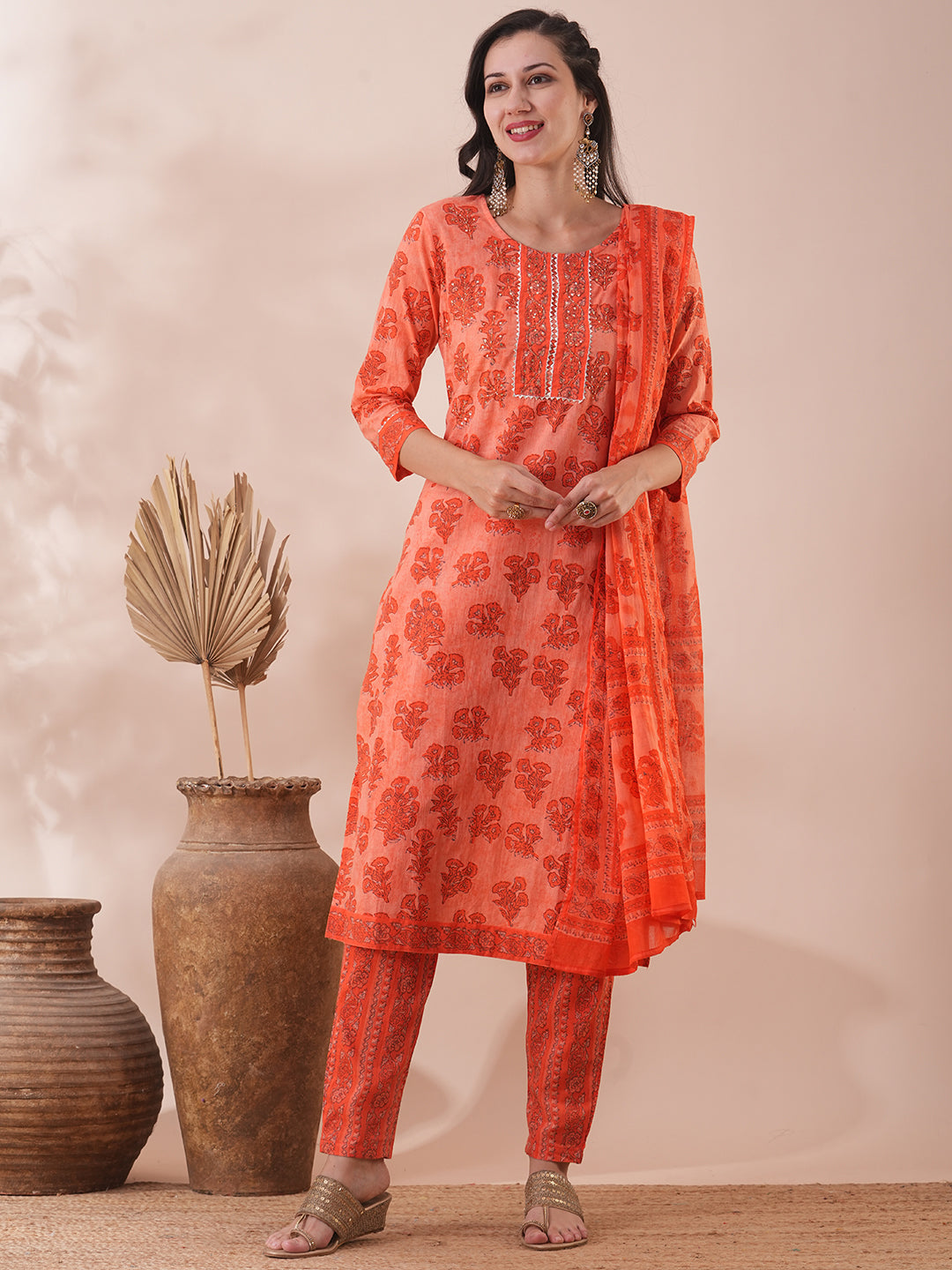 Ethnic Floral Printed & Embroidered Straight Fit Kurta with Pant & Dupatta - Orange