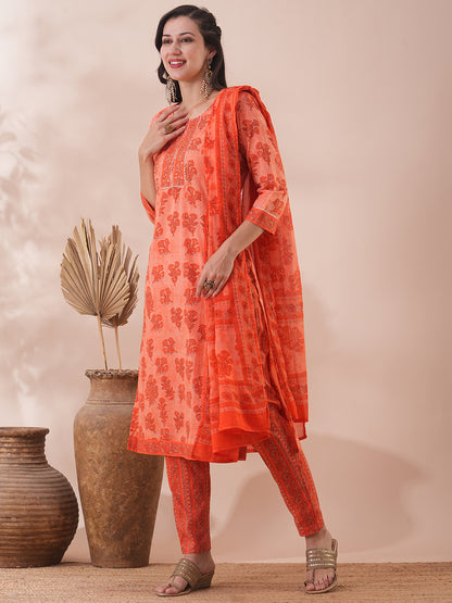 Ethnic Floral Printed & Embroidered Straight Fit Kurta with Pant & Dupatta - Orange