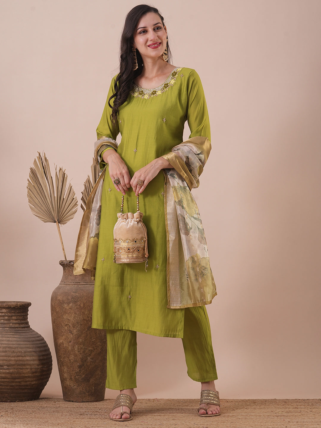 Solid Ethnic Hand Embroidered Straight Fit Kurta with Pant & Dupatta - Lime Green