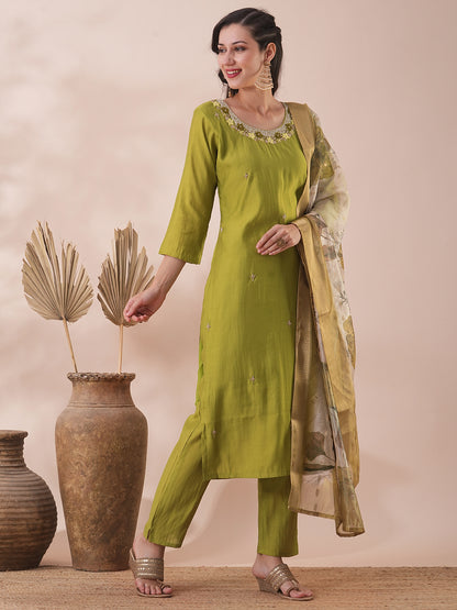 Solid Ethnic Hand Embroidered Straight Fit Kurta with Pant & Dupatta - Lime Green