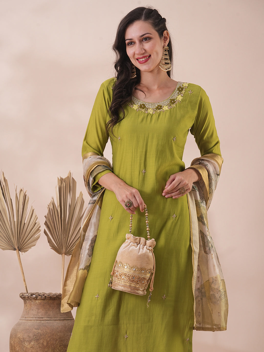 Solid Ethnic Hand Embroidered Straight Fit Kurta with Pant & Dupatta - Lime Green